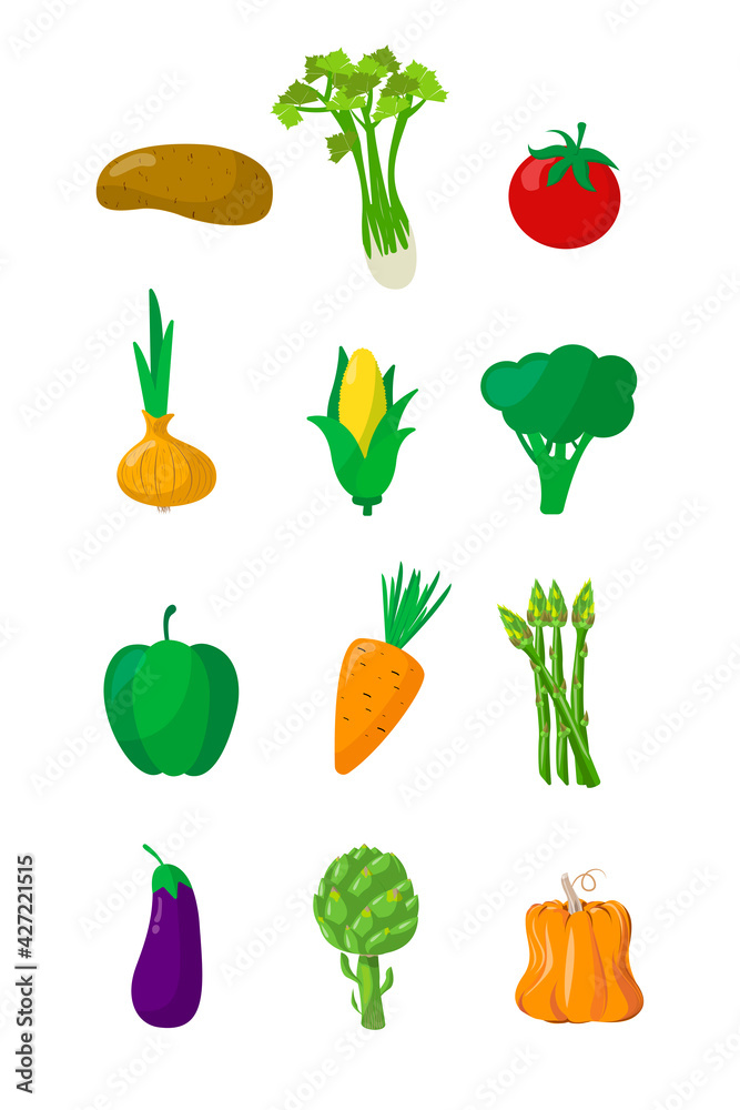 vegetable set on white background. potatoes, celery, tomato, onion, corn, broccoli, peppers, carrots, asparagus, squash, artichoke, pumpkin vegetable set on white background. potatoes, celery, tomato, onion, corn, broccoli, peppers, carrots, asparagus, squash, artichoke, pumpkin