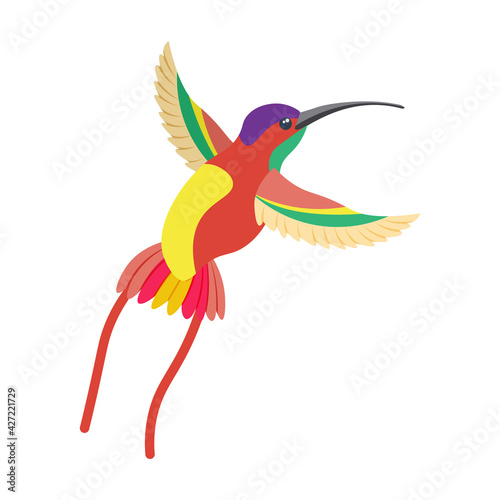 A bright multicolored hummingbird, a bird painted in several colors red green orange . Vector illustration isolated on white background.