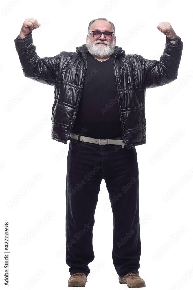 happy bearded man standing with his hands up. happy bearded man standing with his hands up.