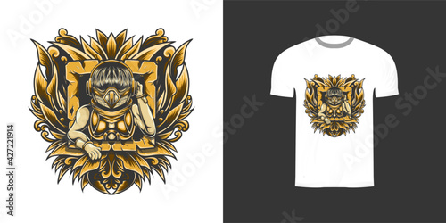 retro illustration cyborg for tshirt design, badge design character  with engraving ornament
