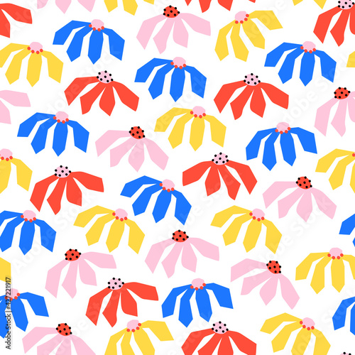 Flowers seamless vector pattern red blue yellow pink white. Repeating abstract floral kids background Scandinavian style. Paper cut flowers for summer decor, children wear, fabric, wallpaper.
