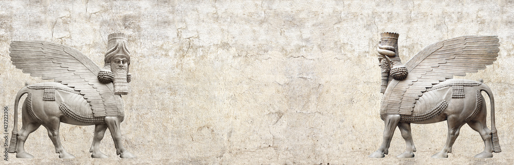 Grunge background with stone texture and two lamassu Grunge background with stone texture and two lamassu