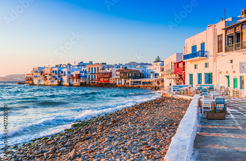 Fototapeta Naklejka Na Ścianę i Meble -  Mykonos, Greece. Waterfront in Little Venice, Mykonos at sunset.