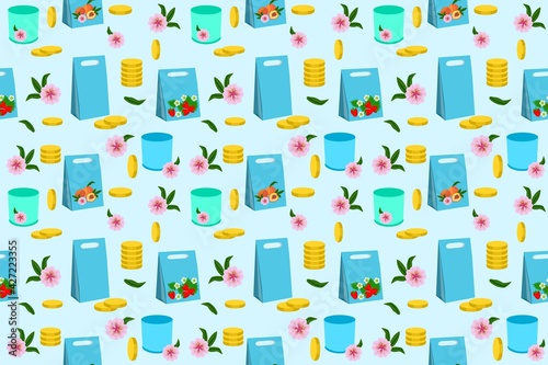 A repeating pattern with the image of packages, boxes, coins, flowers on a light background for printing on paper