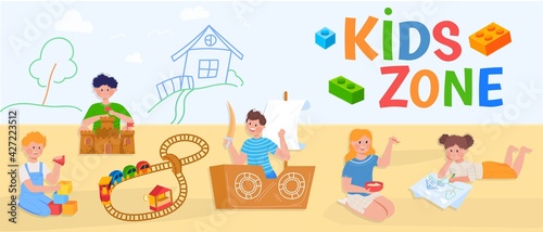Kids zone, play colorful, childhood party, kindergarten playground, happy leisure child, design, cartoon style vector illustration