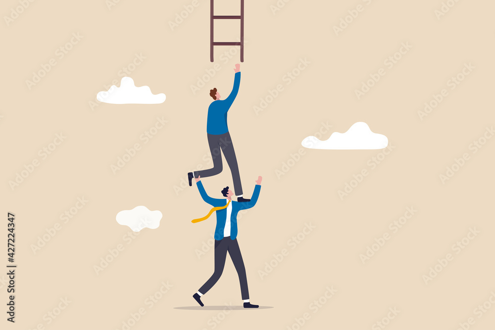 Support or mentor to achieve business success, teamwork collaboration or partnership help to reach target concept, businessman coworker support his colleague reaching to climb ladder of success. - obrazy, fototapety, plakaty 
