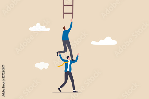 Fototapete Support or mentor to achieve business success, teamwork collaboration or partnership help to reach target concept, businessman coworker support his colleague reaching to climb ladder of success
