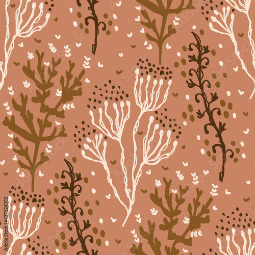 Seamless minimalist doodle floral pattern background. Calm boho earthy tone color wallpaper. Simple modern scandi unisex flower design. Organic childish gender neutral baby all over print. Hand drawn