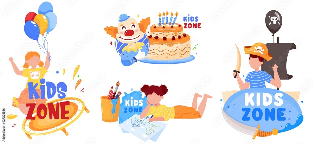 Naklejka premium Kids play zone, label sign, playground banner, isolated on white, colorful symbol, design, in cartoon style vector illustration.