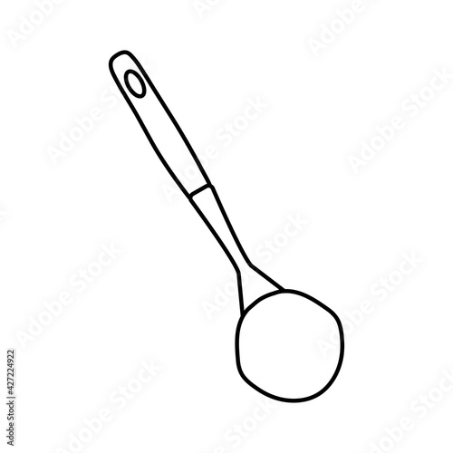 Kitchen ladle doodle. Household equipment hand drawing. Metallic Kitchen Accessory Ladle. Kitchen interier. Isolated object on white background. Vector illustration.