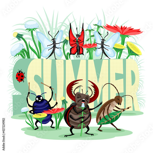 Summer illustration with musical group of insects beetles and butterflies on white background.