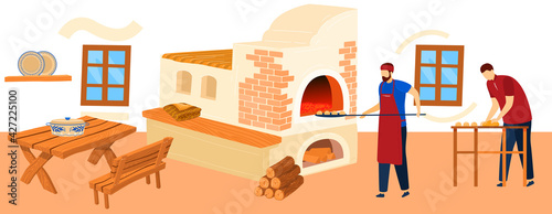 Traditional cuisine, stove wood work, men prepare pastries, cooking ukrainian dishes, design, flat style vector illustration.