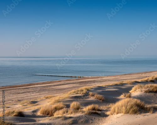 dunes and almost deserted beach on dutch coast near renesse in zeeland under blue sky