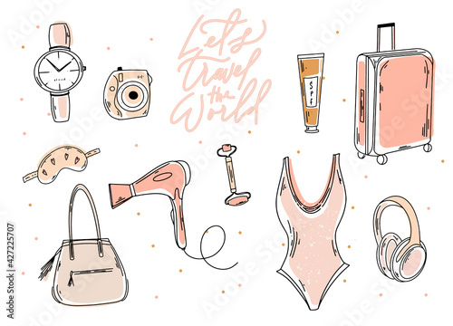 Set of line hand drawn travel. Vocation. Suitcase, swimsuit, Polaroid, hair dryer, headphones, sleep mask, body care and wrist watch. Travel attributes. Voyage. Cute.
