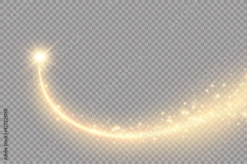 Vector golden sparkling falling star. Stardust trail. Cosmic glittering wave. PNG. . Vector illustration