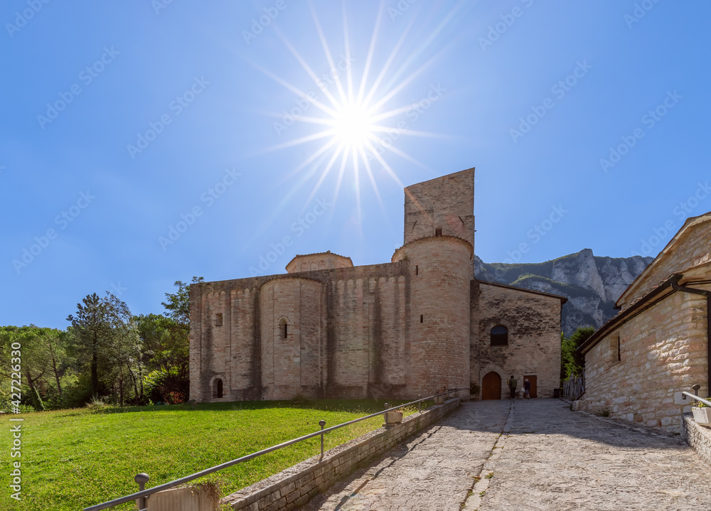 Beautiful view of Roman Catholic abbey (San Vittore alle Chiuse) in the comune of Genga, Marche, Italy