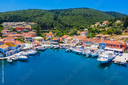 Kefalonia island, Greece. Aerial view of the Fiskardo village and port. photo