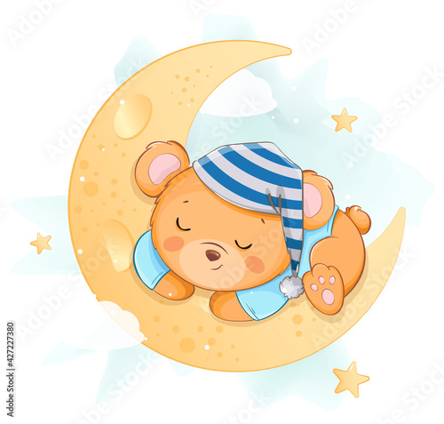 Cute little bear sleeping on the moon