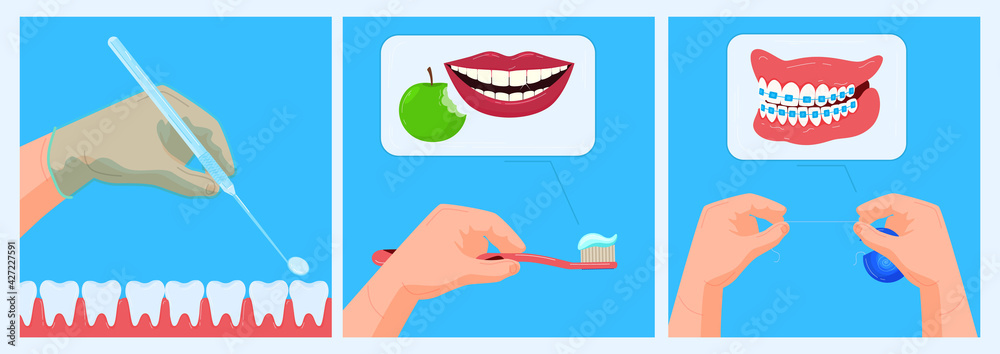 Doctor dentist office, care banner, medical dental health, tooth concept, oral treatment, design, flat style vector illustration.