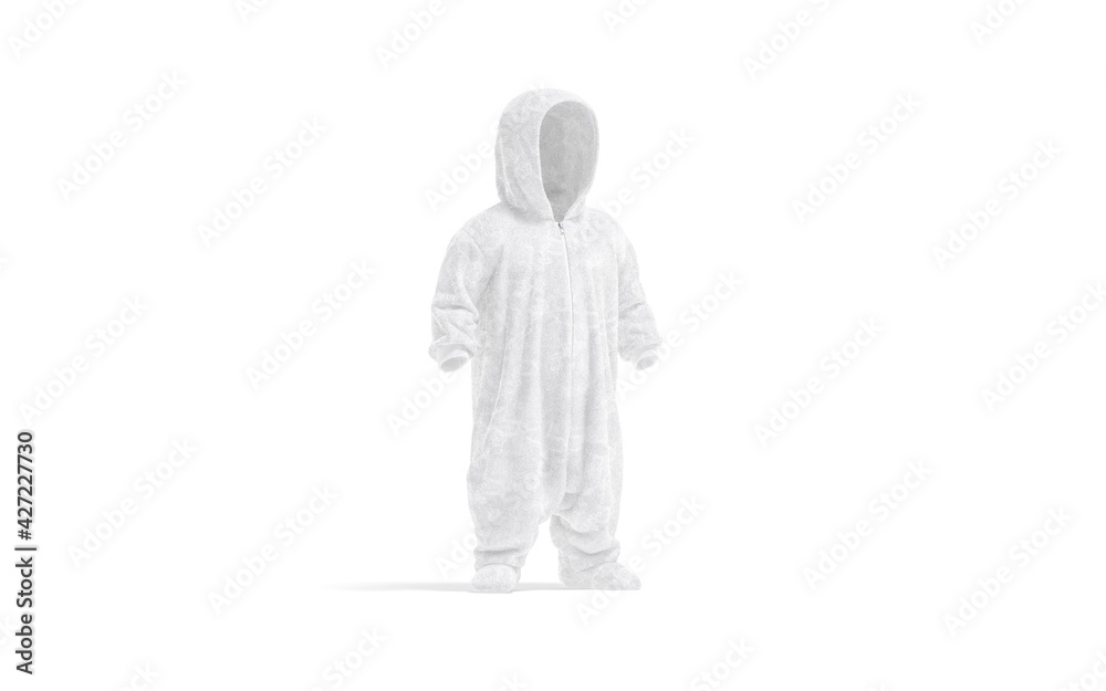 Blank white kid plush jumpsuit with hood mockup, side view Blank white kid plush jumpsuit with hood mockup, side view