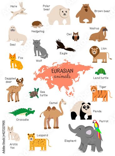 Fototapeta Naklejka Na Ścianę i Meble -  Cartoon set of wild animals Eurasia. deer, elephant, parrot, panda, tiger, lion, walrus, seal, hare, bear, wolf, fox