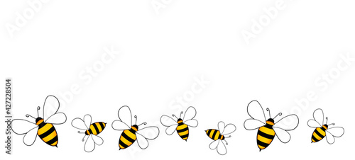 Banner with cartoon cute bee mascot. Merry bee with an empty table. Small wasp. Vector character. Insect icon. Holiday template design for greeting card, postcard, wallpaper, poster. Copy space