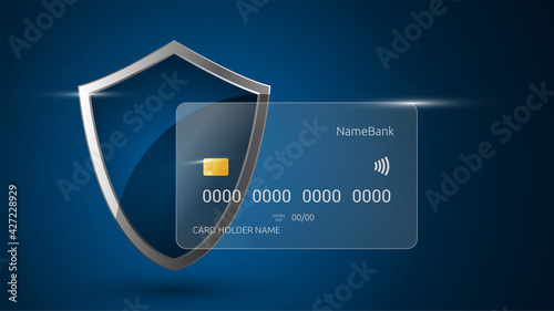 Glass plastic card template in glassmorphism style and steel blue shield. Bank payments protection concept. Security of money transfers. Safe. Isolated vector on a dark background. Mockup. 3d