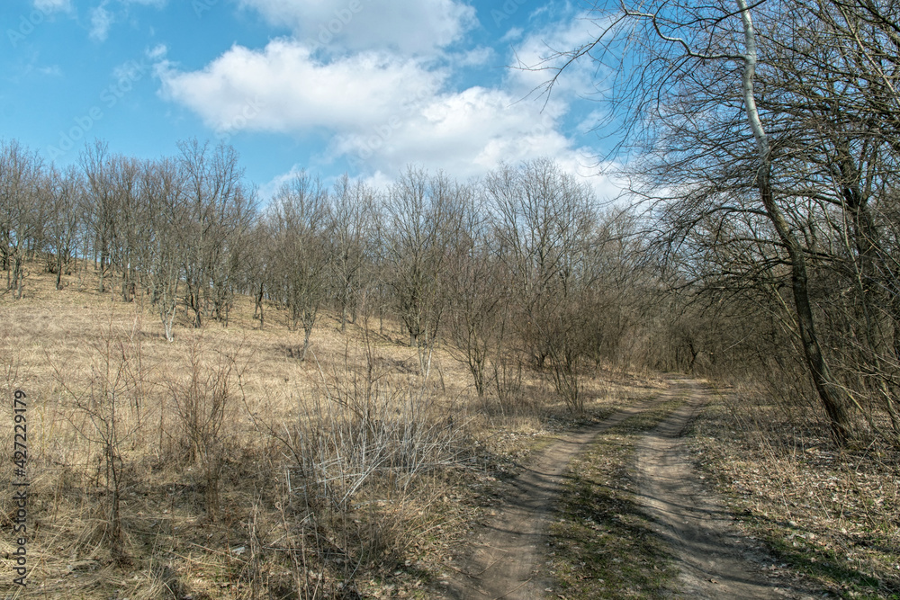 Spring blue sky and wooded hills. Landscape in early spring Spring blue sky and wooded hills. Landscape in early spring