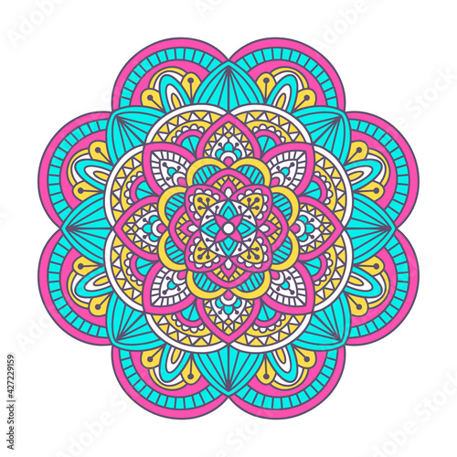 Vector hand drawn doodle mandala. Ethnic mandala with colorful ornament. Isolated on white background. Pink, green and yellow colors.