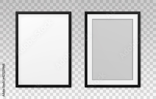 Frame photo. Mockup black board with shadow. Mock up artwork picture framed. Plastic boarder. Empty boards photoframe a3, a4, a5. Modern 3d borders. Design prints poster, blank, painting image. Vector