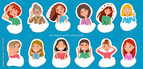 a set of cute vector faces of girls, different emotions for messengers, social networks.