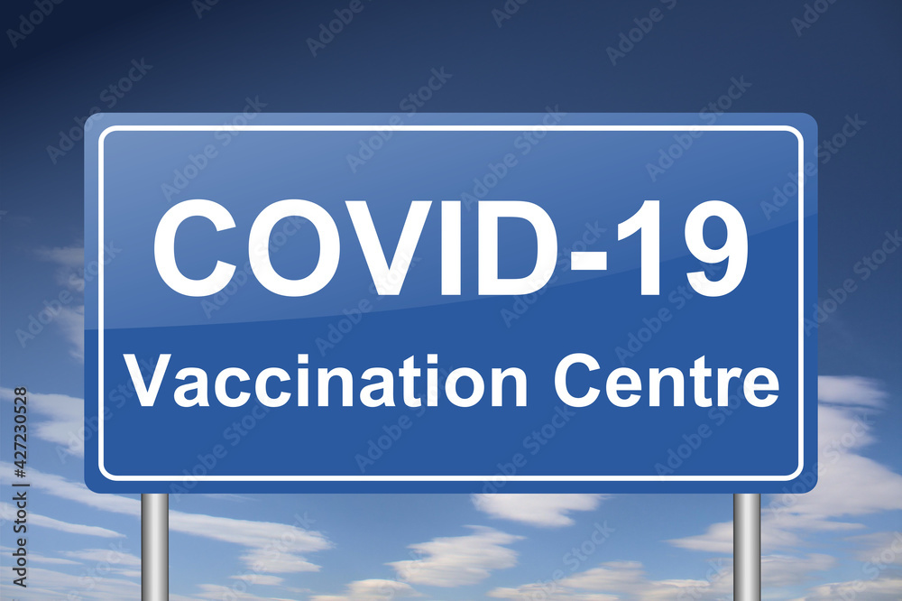 Covid-19 vaccination centre traffic sign, blue billboard under cloudy sky illustration Covid-19 vaccination centre traffic sign, blue billboard under cloudy sky illustration