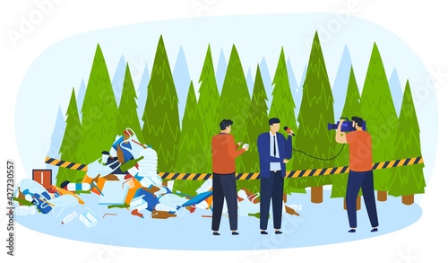 Environment pollution, plant concept, correspondent interview, ecology defilement, design, flat style vector illustration.