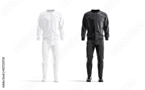 Blank black and white sport tracksuit with bomber, pants mockup photo