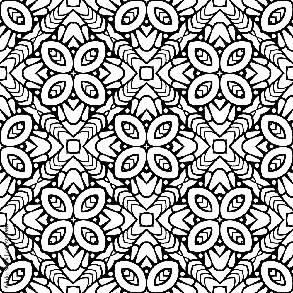 Obraz premium Black and white Decorative ornaments backgrounds, Monochrome seamless vector pattern for wrapping paper, fabric, textile, wedding invitations, packing.