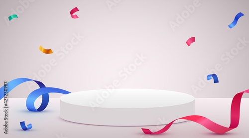 Abstract scene background. Cylinder podium background with confetti and ribbons. Product presentation, mock up, show cosmetic product, Podium, stage pedestal or platform.