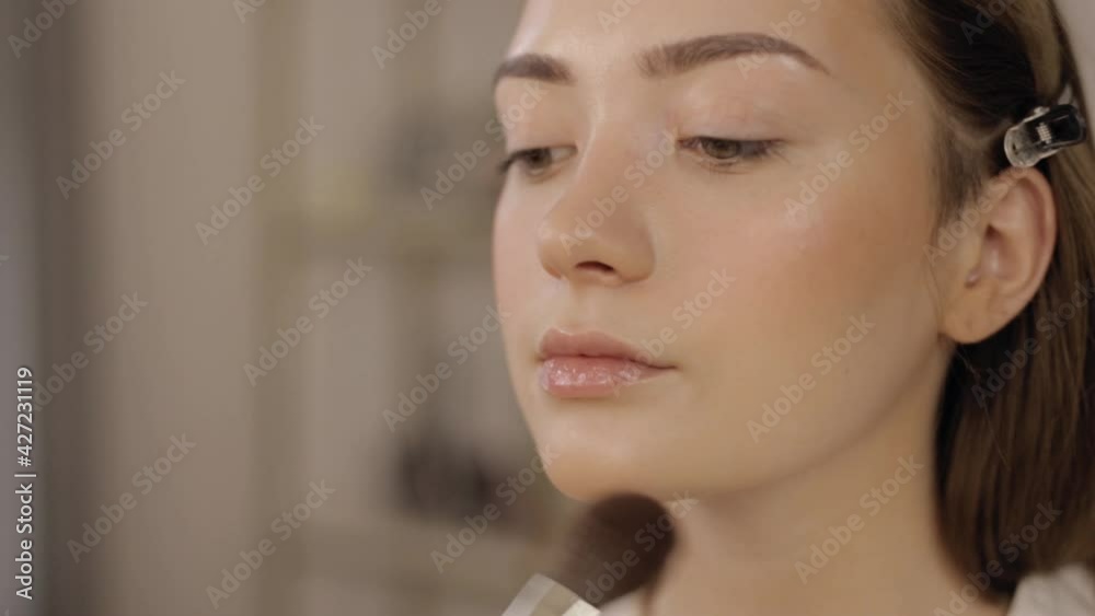 Crop visagiste applying foundation with brush on face of female model with perfect smooth skin while doing makeup Crop visagiste applying foundation with brush on face of female model with perfect smooth skin while doing makeup