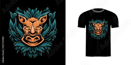retro illustration rhino for tshirt design, badge design character with engraving ornament