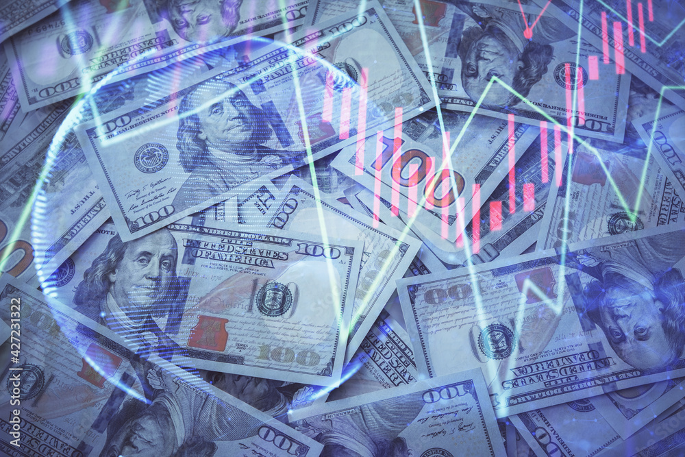 Fototapeta premium Multi exposure of forex chart drawing over us dollars bill background. Concept of financial success markets.