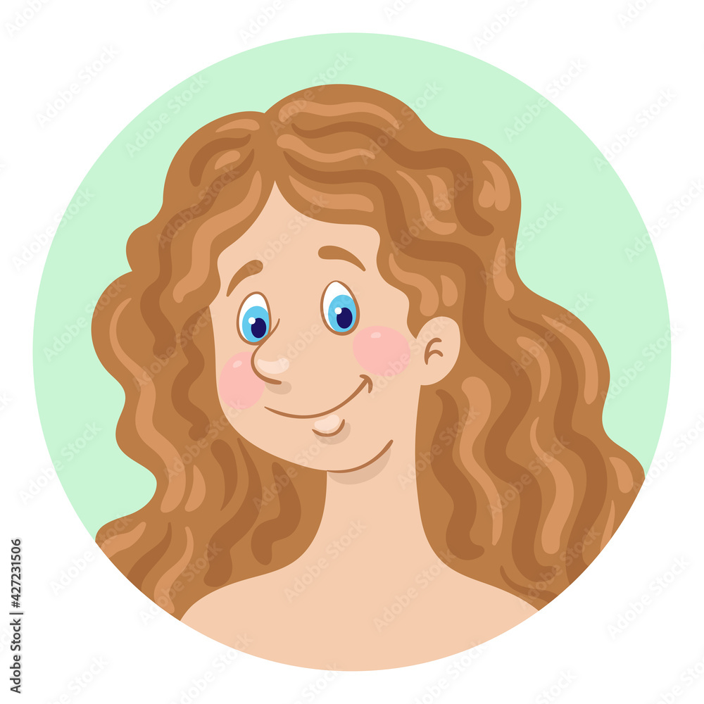 Avatar icon of a beautiful young girl with long hair. In cartoon style. In a green circle. Isolated on white background. Vector flat illustration Avatar icon of a beautiful young girl with long hair. In cartoon style. In a green circle. Isolated on white background. Vector flat illustration