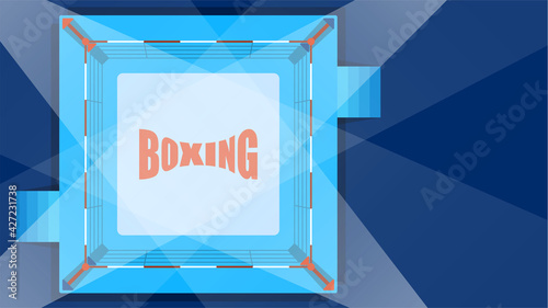 arena for boxing and martial arts matches. An empty sports ring illuminated by beams of spotlights. Vector in cartoon style