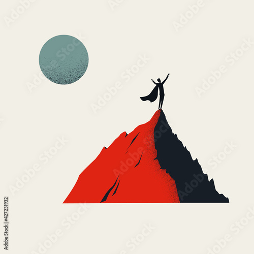 Business hero vector concept with man on mountain top. Symbol of achievement, success. Minimal illustration.