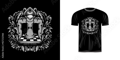 retro illustration chess for tshirt design, badge design character with engraving ornament