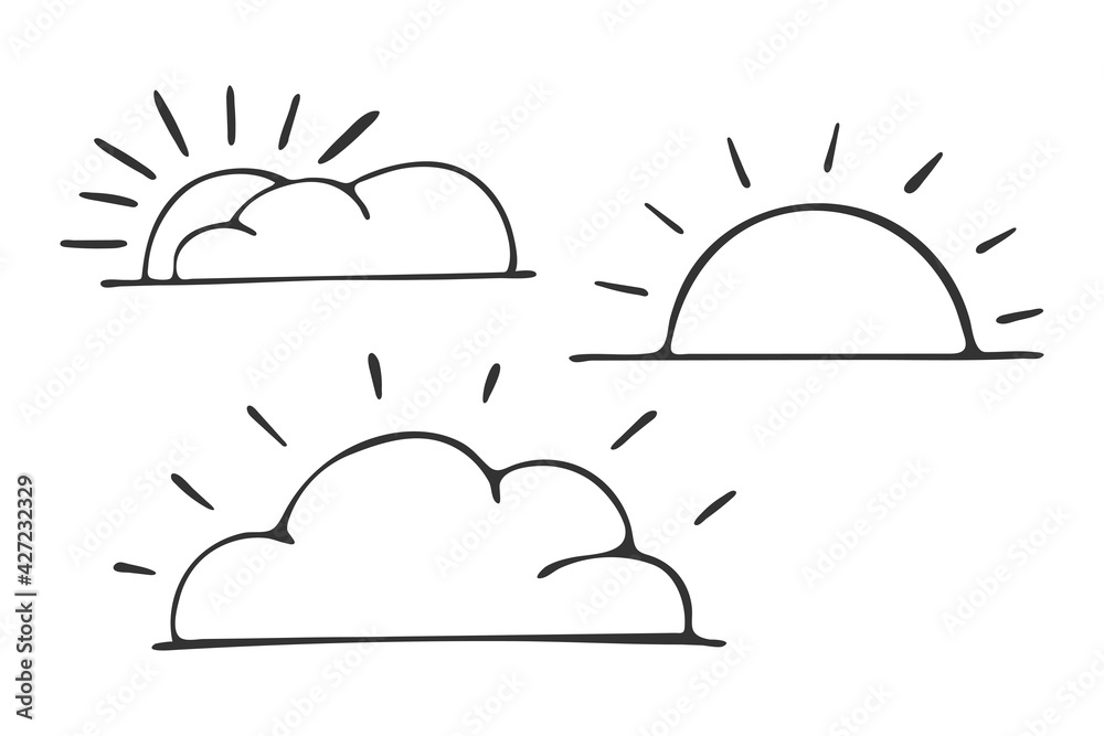 Hand drawn clouds and sun icons isolated on white background. Vector illustration Hand drawn clouds and sun icons isolated on white background. Vector illustration