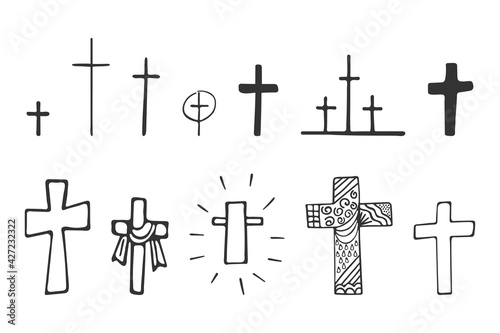 Set of hand-drawn Christian crosses isolated on white background. Religion and Christianity. Christian symbols. Vector illustration