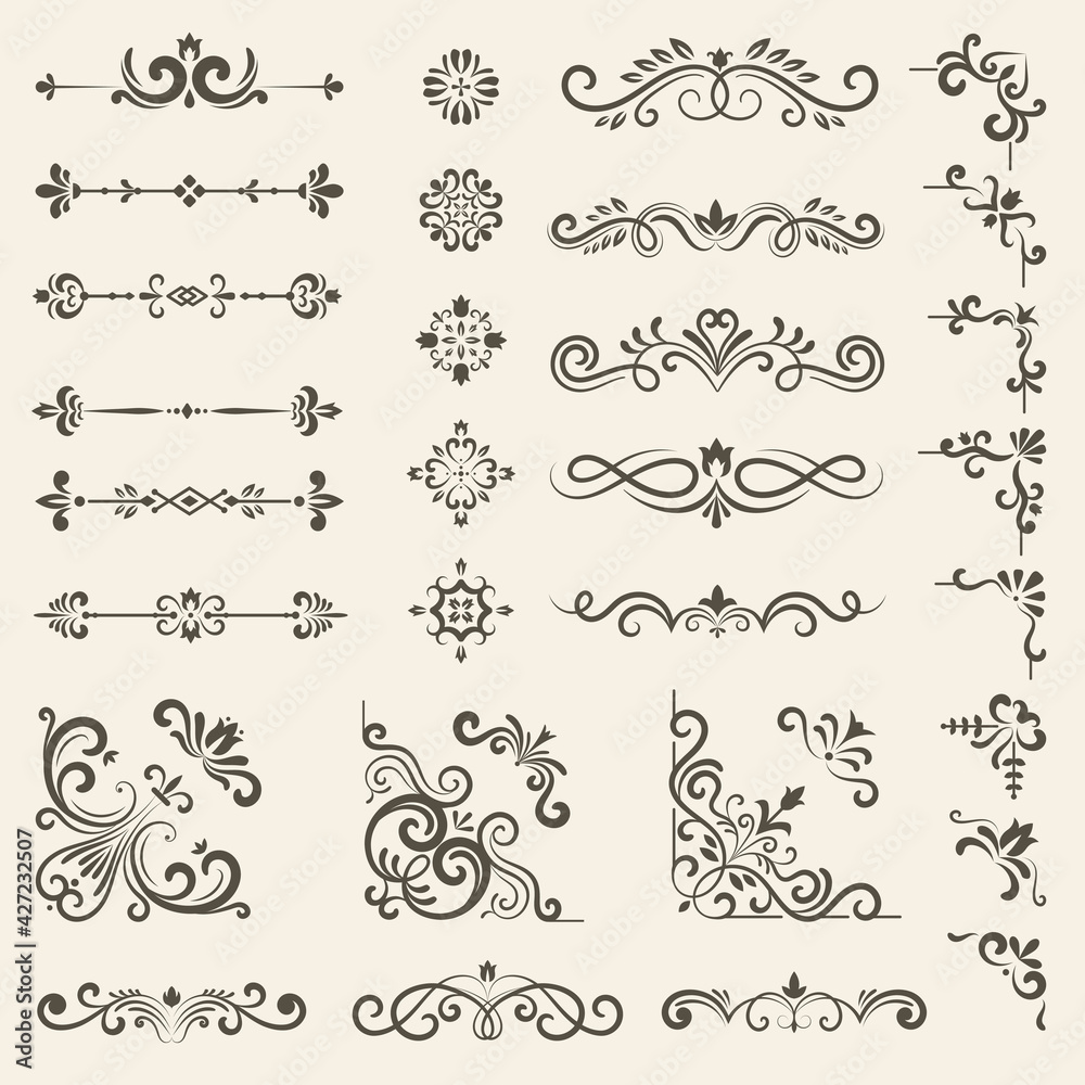 Decorative ornate set. Vintage floral dividers and borders royal premium style decoration vector set