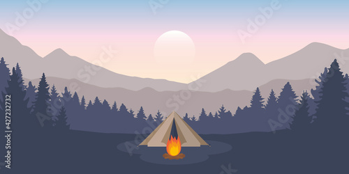 wanderlust camping adventure tent at green mountain and forest landscape