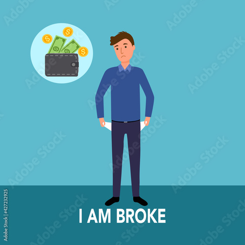 Businessman with no money in his pocket in flat design. Money broke concept vector illustration.