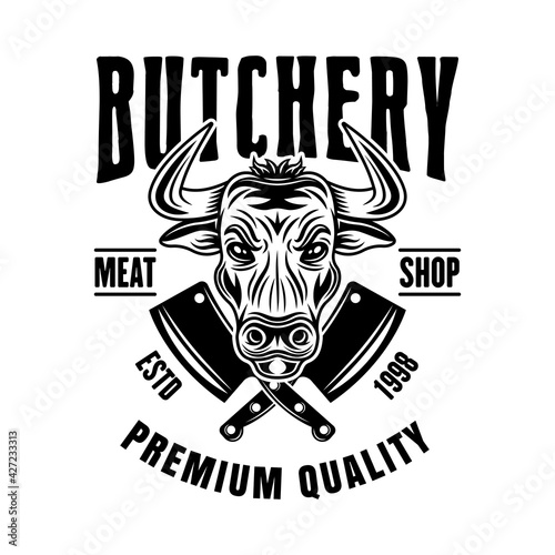 Butchery shop vector emblem, badge, label or logo with bull head in vintage monochrome style isolated on white background