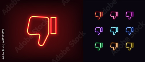 Neon thumb down icon. Glowing neon dislike sign, outline disapproving hand pictogram